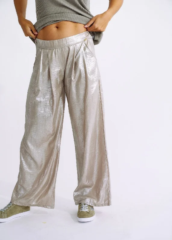 Pure Linen Italian Wide Leg Shimmer Pants in Champagne