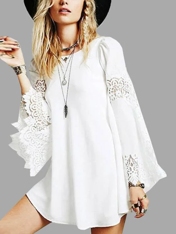 Wholesale White Round Neck Long Sleeve Hollow Ruffle Hem Mini Dress