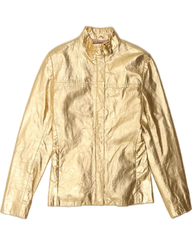 CALVIN KLEIN Womens Leather Jacket UK 12 Medium Gold Leather