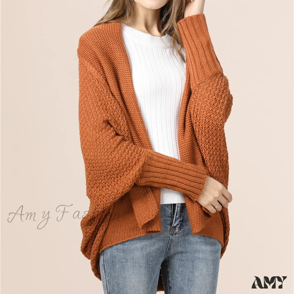 Amy Fashion - Long Knit Pocket Coat Female Casual Bat Sleeve Cardigan