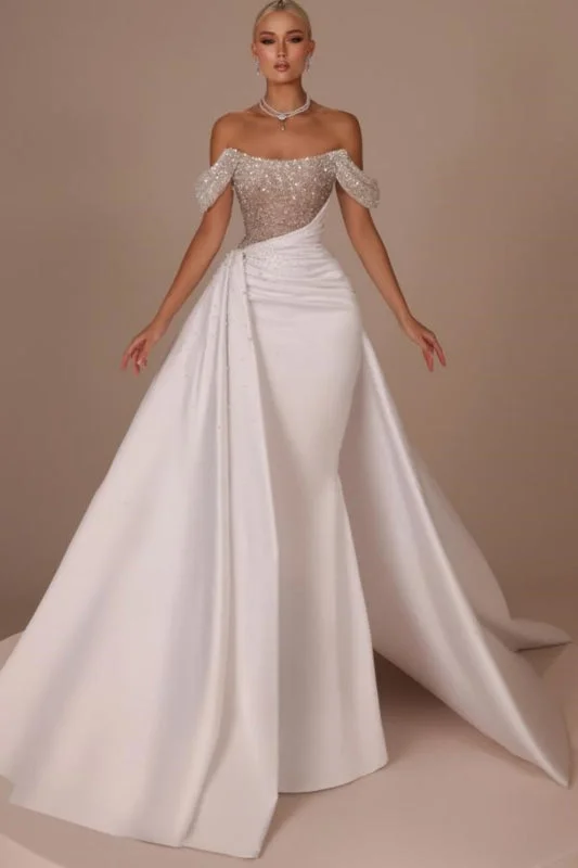 Chic Glitter Off-Shoulder Satin Mermaid Chapel Train Wedding Dress