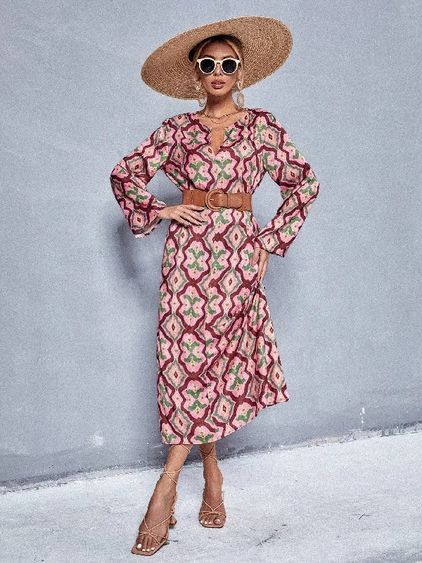 All Over Print Long Sleeve Notched Flared Natural Long Dress