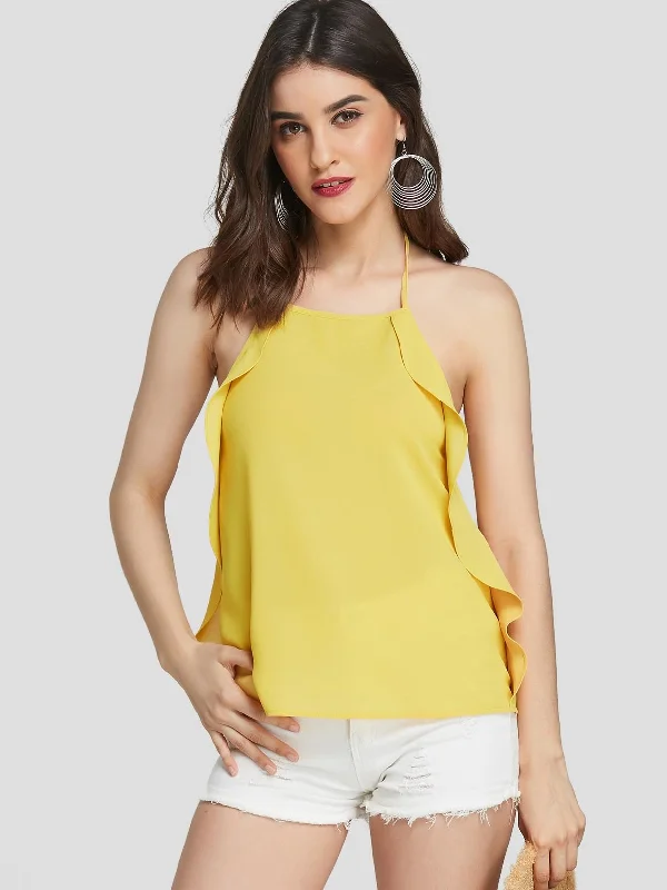 Custom Halter Plain Tassel Backless Double Layer Sleeveless Yellow Camis