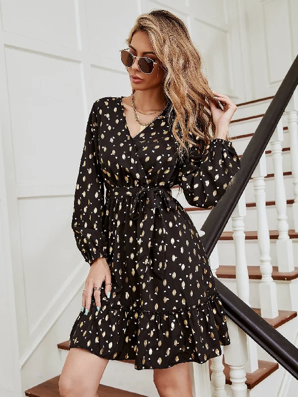 Heart Knot Long Sleeve V Neck Flounce High Waist Knee Length Dress