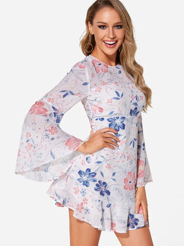 Wholesale White Round Neck Long Sleeve Floral Print Backless Mini Dress