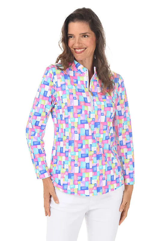 Colorful Cubes Cooling UPF50+ Mock Neck Top